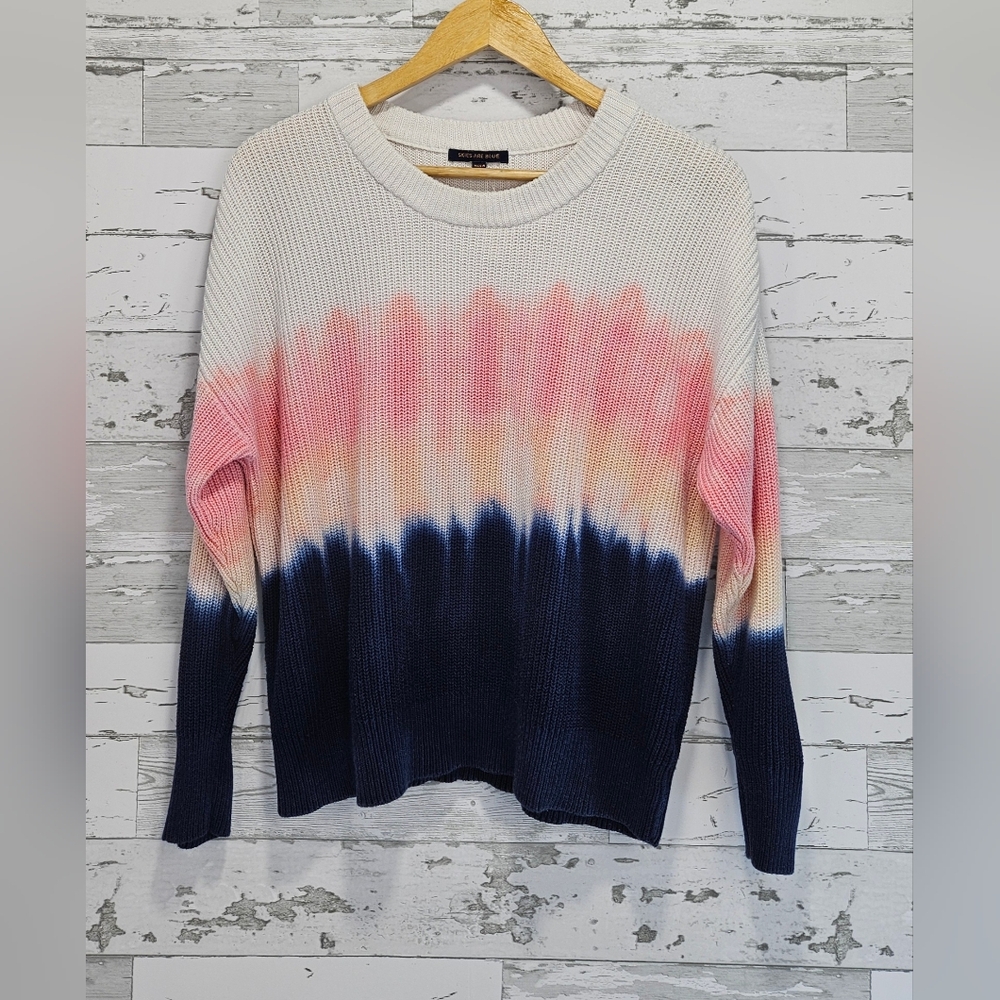 Skies Are Blue Ombre Dip Dye Crewneck Sweater Pink Navy Blue Knit M